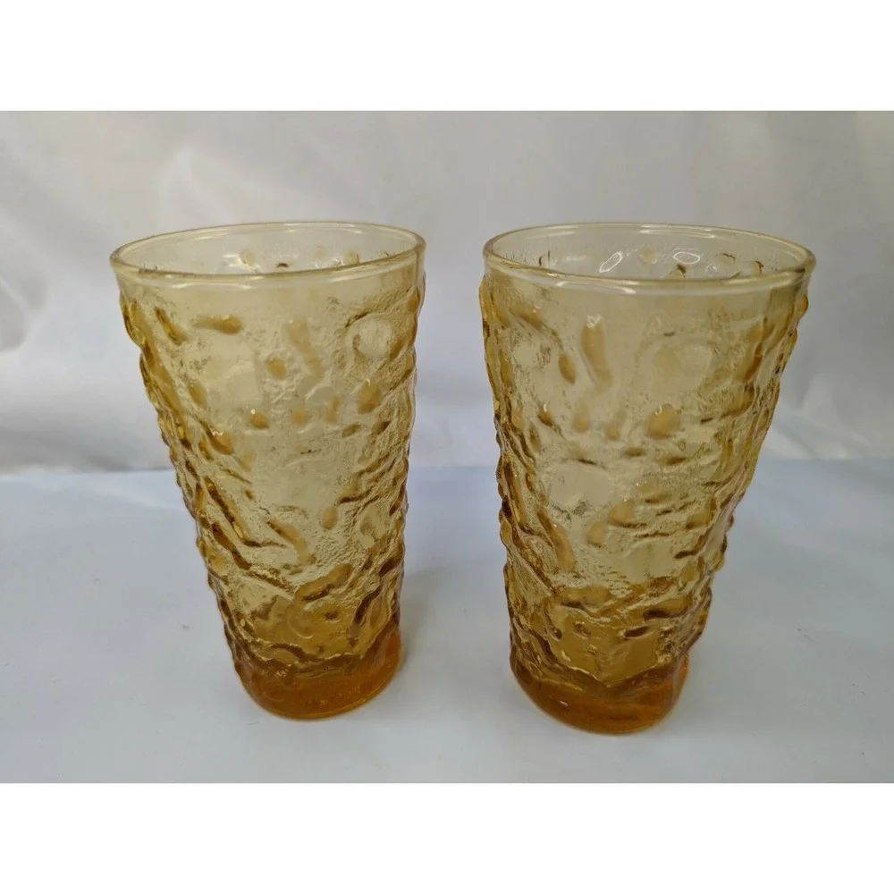 Anchor Hocking Crinkle Amber Glass Cup Tumbler‎ Lot of 2